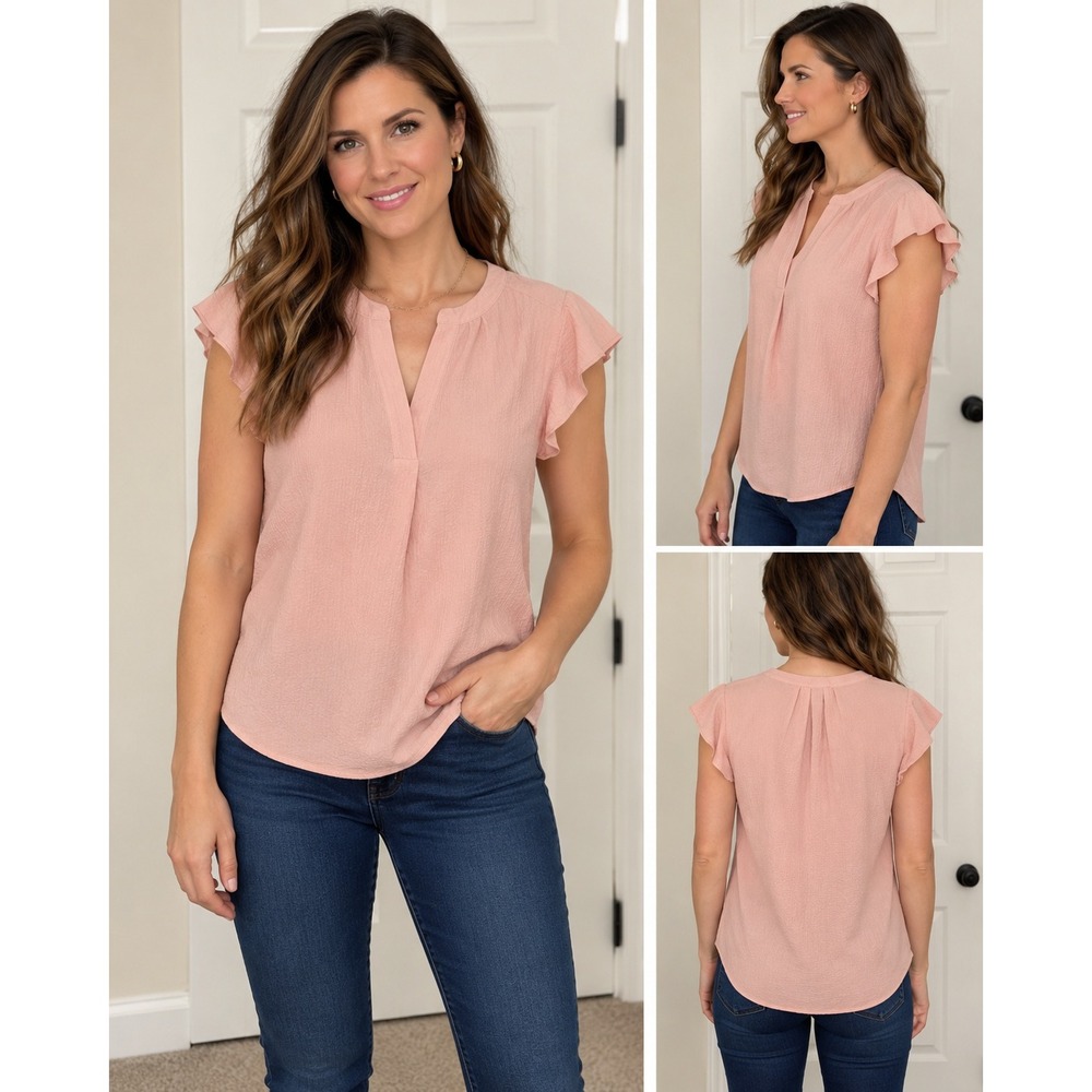 Calvin Klein Pink Flutter Sleeve Textured Split V-Neck Blouse XL NWT $59